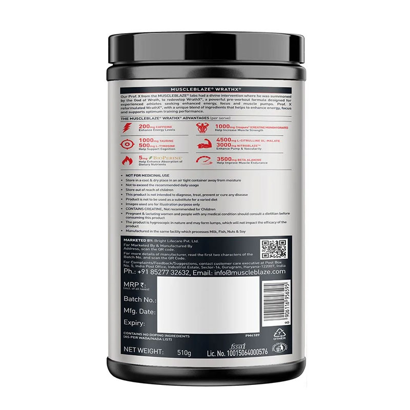 muscleblaze pre workout wrathx, 510 g